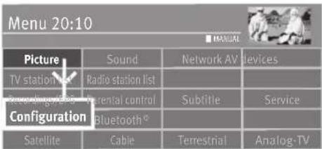 Menu 20:10 ■ MANUAL Picture Sound Network AV Devices TV station list Radio station list Radio charges/abs Inertial control Subtitle Service Configuration Bluetooth Satellite Cable Terrestrial Analog-TV