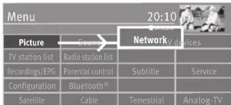 Menu 20:10 Picture TV station list Recordings/EPG Configuration Satellite Radio station list Parental control Bluetooth® Cable Networky devices Sublitie Service Terrestrial Analog-TV