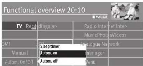 Functional overview 20:10 TV Recordings ar-Radio Internet Inter- MusicPhotosVideos DMI Sleep timer Analogue Network Manual Autom. on manager Autom. On/Off Autom. off Menu