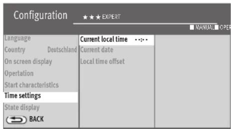 Configuration ★★★ EXPERT ■ MANUAL □ OPER Language Country Deutschland On screen display Operation Start characteristics Time settings State display BACK Current local time ···· Current date Local time offset