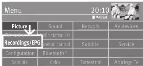 Menu 20:10 ■ MANUAL Picture Sound Network AV devices Radio station list Recordings/EPG Parental control Subtitle Service Configuration Bluetooth® Satellite Cable Terrestrial Analog-TV