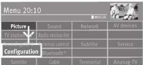 Menu 20:10 ■ MANUAL Picture Sound Network AV devices TV station list Radio station list Recording info In-ental control Subtitle Service Configuration Bluetooth® Satellite Cable Terrestrial Analog-TV