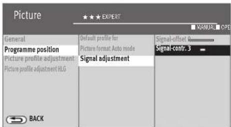 Picture GENERAL Programme position Picture profile adjustment Picture profile adjustment HLG Default profile for Picture format: Auto mode Signal adjustment Signal-offset 0 Signal-contr. 3 BACK