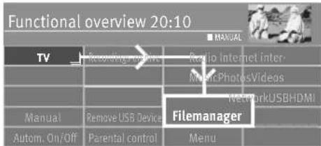 Functional overview 20:10 TV Recording video Radio Internet Inter- MusicPhotosVideos NetworkUSBHDMI Manual Remove USB Device Filemanager Autom. On/Off Parental control Menu