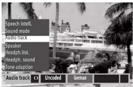 Speech intell. Sound mode Audio track Speaker Headph.Vol. Headph. sound Tone adaption Audio track ( ) Uncoded German
