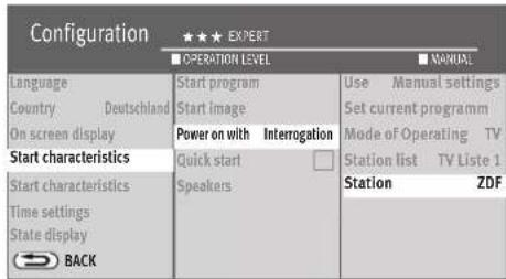 Configuration ★★★ EXPERT ■ OPERATION LEVEL ■ MANUAL Language Country Deutschland On screen display Start characteristics Start characteristics Time settings State display BACK Start program Start image Power on with Interrogation Quick start Speakers Use Manual settings Set current programm Mode of Operating TV Station list TV Liste 1 Station ZDF