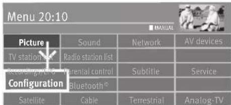 Menu 20:10 ■ MANUAL Picture Sound Network AV devices TV station list Radio station list Recording/VEG Parental control Sublitie Service Configuration Bluetooth® Satellite Cable Terrestrial Analog-TV