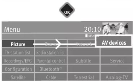 OK Menu 20:10 Picture Source Network AV devices TV station list Radio station list Recordings/EPG Parental control Subtitle Service Configuration Bluetooth® Satellite Cable Terrestrial Analog-TV