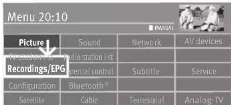 Menu 20:10 ■ MANUAL Picture TV Station 3 Recordings/EPG Sound Radio station list Parental control Bluetooth® Sublitie Service Configuration Satellite Cable Terrestrial Analog-TV