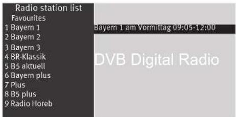 Radio station list Favourites 1 Bayern 1 2 Bayern 2 3 Bayern 3 4 BR-Klassik 5 B5 aktuell 6 Bayern plus 7 Plus 8 B5 plus 9 Radio Horeb Bayern 1 am Vormittag 09:05-12:00 DVB Digital Radio