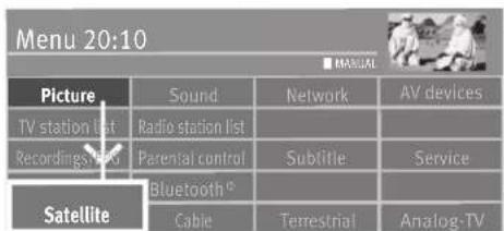 Menu 20:10 ■ MANUAL Picture Sound Network AV devices TV station list Radio station list Recordings list Parental control Subtitle Service Satellite Bluetooth® Cable Terrestrial Analog-TV