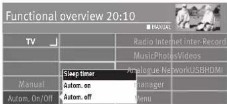 Functional overview 20:10 TV Sleep timer Radio Internet Inter-Record MusicPhotosVideos Analogue NetworkUSBHDMI Manual Autom. on manager Autom. On/Off Autom. off Menu