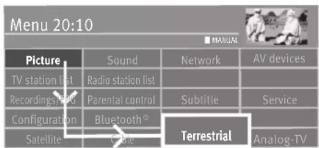 Menu 20:10 ■ MANUAL Picture Sound Network AV devices TV station list Radio station list Recordings/stand Parental control Subtitle Service Configuration Bluetooth® Satellite Subtle Terrestrial Analog-TV