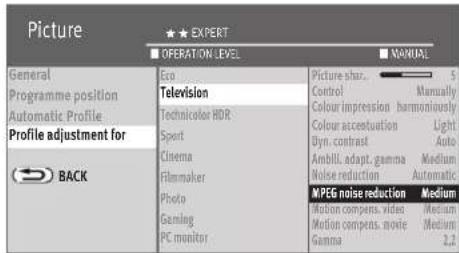 Picture ★ EXPERT OPERATION LEVEL GENERAL Programme position Automatic Profile Profile adjustment for BACK Eco Television Technicolor HDR Sport Cinema Filmmaker Photo Gaming PC monitor Picture share... Control Colour impression harmoniously Colour ascension Light Dyn. contrast Auto Ambill. adapt. gamma Medium Noise reduction Automatic MPB noise reduction Medium Motion compens. video Medium Motion compens. movie Medium Gamma 2.1