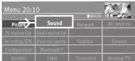 Menu 20:10 Picture Sound Network AV devices TV station list Radio station list Recordings/EPG Parential control Subtitle Service Configuration Bluetooth Satellite Cable Terrestrial Analog-TV