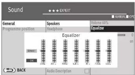 Sound ★★★ EXPERT GENERAL Programme position Speakers Headphone Volume 60% Equalizer Lines ON 12.5V 20.7V 30.0V 40.2V 50.5V 60.8V 70.1V 80.3V 90.5V 100.0V 110.2V OFF BACK Audio Description