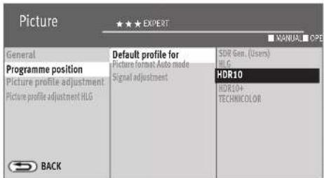 Picture GENERAL Programme position Picture profile adjustment Picture profile adjustment HLG DEFAULT profile for Picture format Auto mode Signal adjustment SDR Gen. (Users) HLC HDR10 HDR10+ TECHNICOLOR BACK