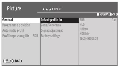 Picture ★★★ EXPERT ■ MANUAL ▪ OPER General Programme position Automatic profil Profilanpassung für SDR Default profile for Zoom/Panorama Signal adjustment Factory settings SDR HLG HDR10 HDR10+ TECGHNICOLOR BACK