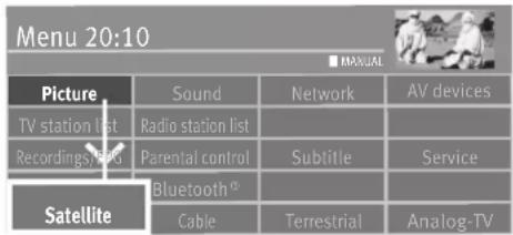 Menu 20:10 ■ MANUAL Picture Sound Network AV devices TV station list Radio station list Recordings/stand Parental control Subtilie Service Satellite Bluetooth® Cable Terrestrial Analog-TV