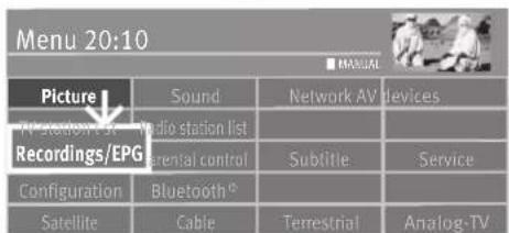 Menu 20:10 ■ MANUAL Picture Sound Network AV devices AT-600/8 Radio station list Recordings/EPG Parental control Subtitle Service Configuration Bluetooth® Satellite Cable Terrestrial Analog-TV