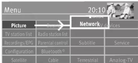 Menu 20:10 Picture Radio station list Recordings/EPG Parential control Configuration Bluetooth® Satellite Cable NetworkV devices Subtitle Service Terrestrial Analog-TV
