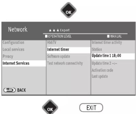 OK Network ★★★ Expert ■ OPERATION LEVEL ■ MANUAL Configuration HbbTV Internet timer Internet timer activity Local services Internet timer Station Privacy Software update Update time 1 18:00 Internet Services Test network connectivity Update time 2 --- Back Activation code Last update OK EXIT