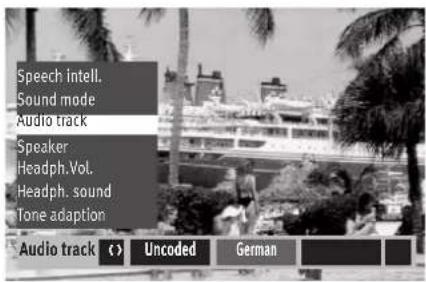Speech intell. Sound mode Audio track Speaker Headph.Vol. Headph. sound Tone adaption Audio track <> Uncoded German