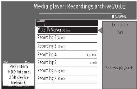 Media player: Recordings archive20:05 NETZ-TV Server 30 min Recording 2 60 min Recording 3 45 min Recording 4 110 min Recording 5 30 min Recording 6 15 min Recording 7 90 min Exit folder Play Endless playback