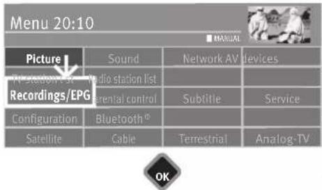 Menu 20:10 Picture Sound Network AV devices TV Station #3 Recordings/EPG Radio station list Parental control Subtitle Service Configuration Bluetooth® Satellite Cable Terrestrial Analog-TV OK