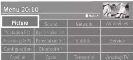 Menu 20:10 Picture Sound Network AV devices TV station list Radio station list Recordings/EPG Parental control Subtitle Service Configuration Bluetooth® Satellite Cable Terrestrial Analog-TV