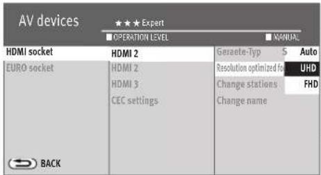 AV devices ★★★ Expert ■ OPERATION LEVEL ■ MANUAL HDMI socket HDMI 2 Geraete-Typ S Auto EURO socket HDMI 2 Resolution optimized for UHD HDMI 3: Change stations FHD CEC settings Change name BACK
