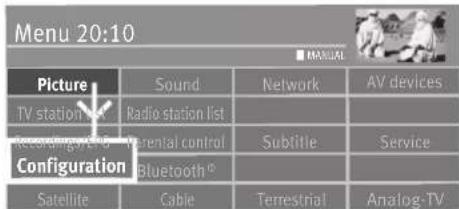 Menu 20:10 ■ MANUAL Picture Sound Network AV devices TV station list Radio station list Recording/VI-0 Parental control Sublitie Service Configuration Bluetooth® Satellite Cable Terrestrial Analog-TV