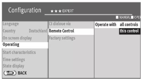 Configuration ★★★ EXPERT Language Country Deutschland On screen display Operating Start characteristics Time settings State display BACK CI dialogue via Remote Control Factory settings Operate with all controls this control