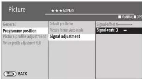 Picture GENERAL Programme position Picture profile adjustment Picture profile adjustment HLS Default profile for Picture format: Auto mode Signal adjustment BACK Signal-offset 0 Signal-contr. 3