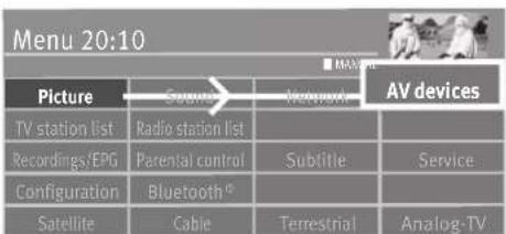 Menu 20:10 Picture Source Network AV devices TV station list Radio station list Recordings/EPG Parental control Subtitle Service Configuration Bluetooth® Satellite Cable Terrestrial Analog-TV