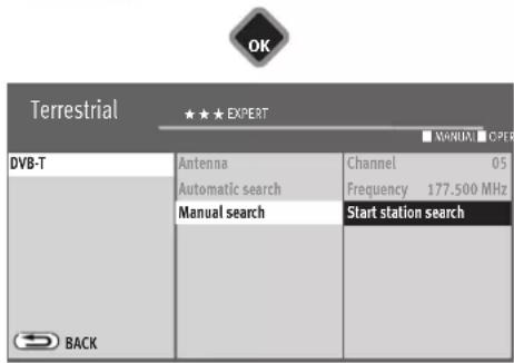 OK Terrestrial ★★★ EXPERT DVB-T Antenna Channel 05 Automatic search Frequency 177.500 MHz Manual search Start station search BACK