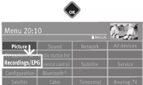 Menu 20:10 ■ MANUAL Picture TV Station list Recordings/EPG Configuration Sound Radio station list Parental control Bluetooth® Satellite Cable Network Subtitle Terrestrial Network AV devices Service Analog-TV