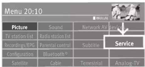 Menu 20:10 ■ MANUAL Picture Sound Network AV devices TV station list Radio station list Recordings/EPG Parental control Subtitle Configuration Bluetooth® Satellite Cable Terrestrial Analog-TV Service