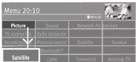 Menu 20:10 ■ MANUAL Picture Sound Network AV devices TV station list Radio station list Recordings/Reg Parental control Subtitle Service Satellite Bluetooth® Cable Terrestrial Analog-TV