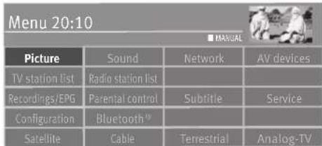 Menu 20:10 ■ MANUAL Picture Sound Network AV devices TV station list Radio station list Recordings/EPG Parental control Subtitle Service Configuration Bluetooth™ Satellite Cable Terrestrial Analog-TV
