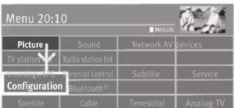 Menu 20:10 ■ MANUAL Picture Sound Network AV Devices TV station list Radio station list Configuration Parental control Subtitle Service Bluetooth® Satellite Cable Terrestrial Analog-TV