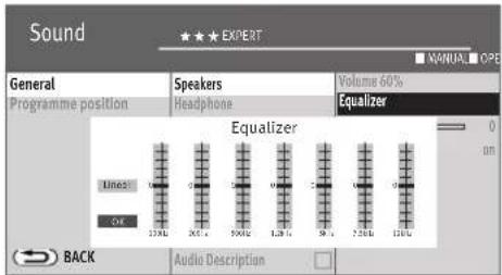 Sound ★★★ EXPERT GENERAL Programme position Speakers Headphone Volume 60% Equalizer Lines OK 12.5kV 2.5kV 3.5kV 4.5kV 5.5kV 6.5kV 7.5kV 8.5kV 9.5kV 10.5kV OFF BACK Audio Description