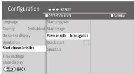 Configuration ★★★ EXPERT ■ OPERATION LEVEL ■ MANUAL Language Country Deutschland On screen display Operation Start characteristics Time settings State display BACK Start program Start image Power on with Interrogation Quick start Speakers
