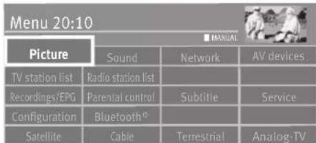 Menu 20:10 Picture Sound Network AV devices TV station list Radio station list Recordings/EPG Parental control Sublitie Service Configuration Bluetooth® Satellite Cable Terrestrial Analog-TV