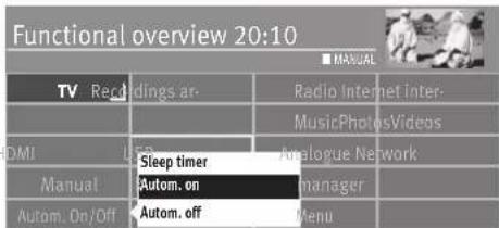 Functional overview 20:10 TV Recordings ar-Radio Internet Inter- MusicPhotosVideos DMI Sleep timer Analogue Network Manual Autom. on manager Autom. On/Off Autom. off Menu