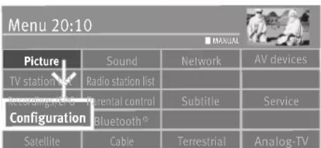 Menu 20:10 ■ MANUAL Picture Sound Network AV devices TV station list Radio station list Recording/4/5 Parental control Subtitle Service Configuration Bluetooth® Satellite Cable Terrestrial Analog-TV
