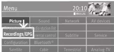 Menu 20:10 ■ MANUAL Picture TV Station list Recordings/EPG Sound Radio station list sidential control Configuration Bluetooth® Satellite Cable Network Sublitie Terrestrial AV devices Service Analog-TV