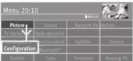 Menu 20:10 ■ MANUAL Picture Sound Network AV Devices TV station list Radio station list Configuration Parental control Subtitle Service Bluetooth® Satellite Cable Terrestrial Analog-TV