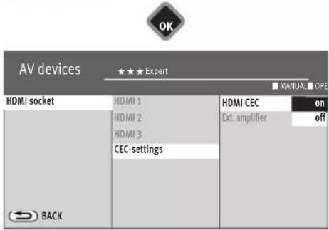 AV devices ★★★ Expert HDMI socket HDMI 1 HDMI 2 HDMI 3 CEC-settings HDMI CEC en Ext. amplifier off BACK