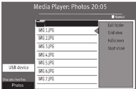 Media Player: Photos 20:05 IMG 1.JPG IMG 2.JPG IMG 3.JPG IMG 4.JPG IMG 5.JPG IMG 6.JPG IMG 7.JPG USB device Show only close files Photos Manual Exit folder Grid view Fullscreen Start show